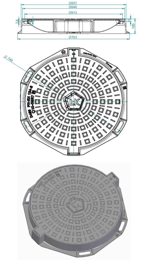 Właz kanałowy z żeliwa sferoidalnego LK600 klasa D400 H100, pokrywa uchylna z zamknięciem